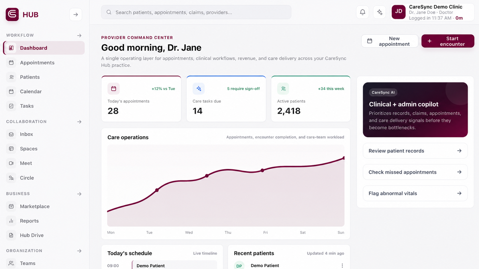 An anonymized CareSync Hub provider dashboard showing appointments, tasks, patient activity, and AI assistance